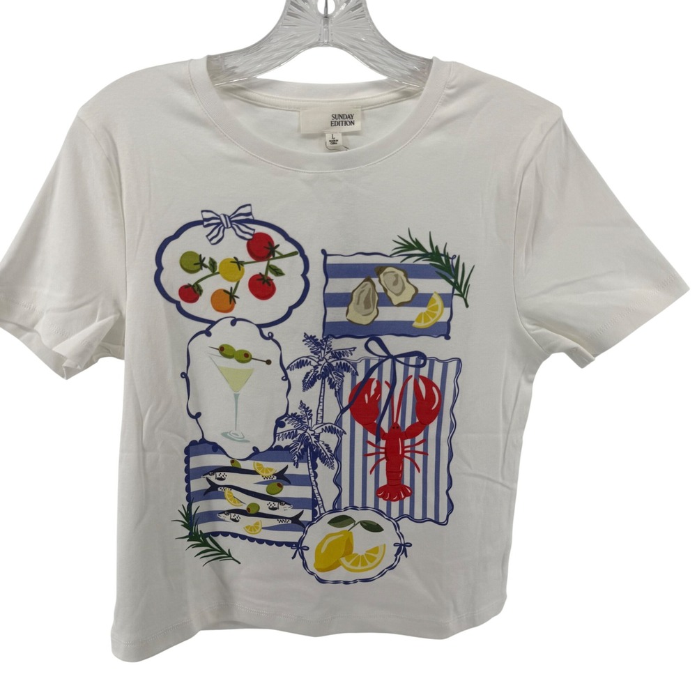 Sunday Edition Womens White Coastal Seafood Graphic T-Shirt Large Sardinecore